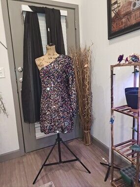 One-Shoulder Multicolor Sequin Party Dress - Black Base